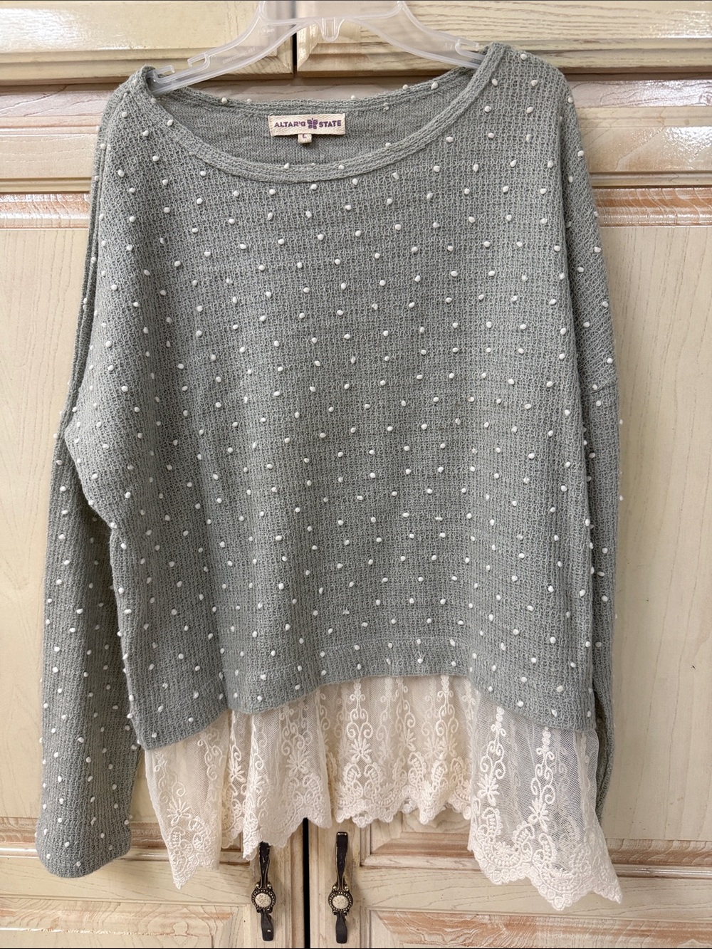 Altrd State Sage Green Pearl Knit Sweater with Lace Hem